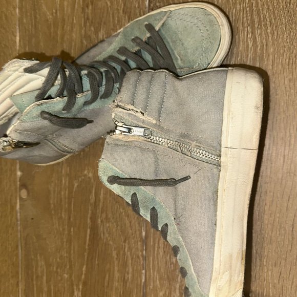 GOLDEN GOOSE SLIDE HIGH TOP SNEAKERS GRAY CANVAS & BLUE SUEDE Size 40 - Picture 2 of 5